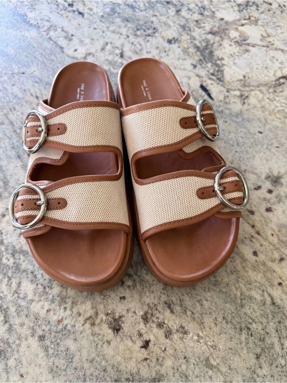 rag & bone Beige Canvas and Tan Leather Double-Buckle Slide Sandals - Picture 2 of 3